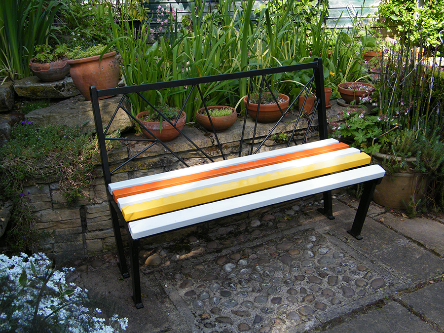 Art Deco style bench - created from a recycled excercise bench, steel rod and recycled wood