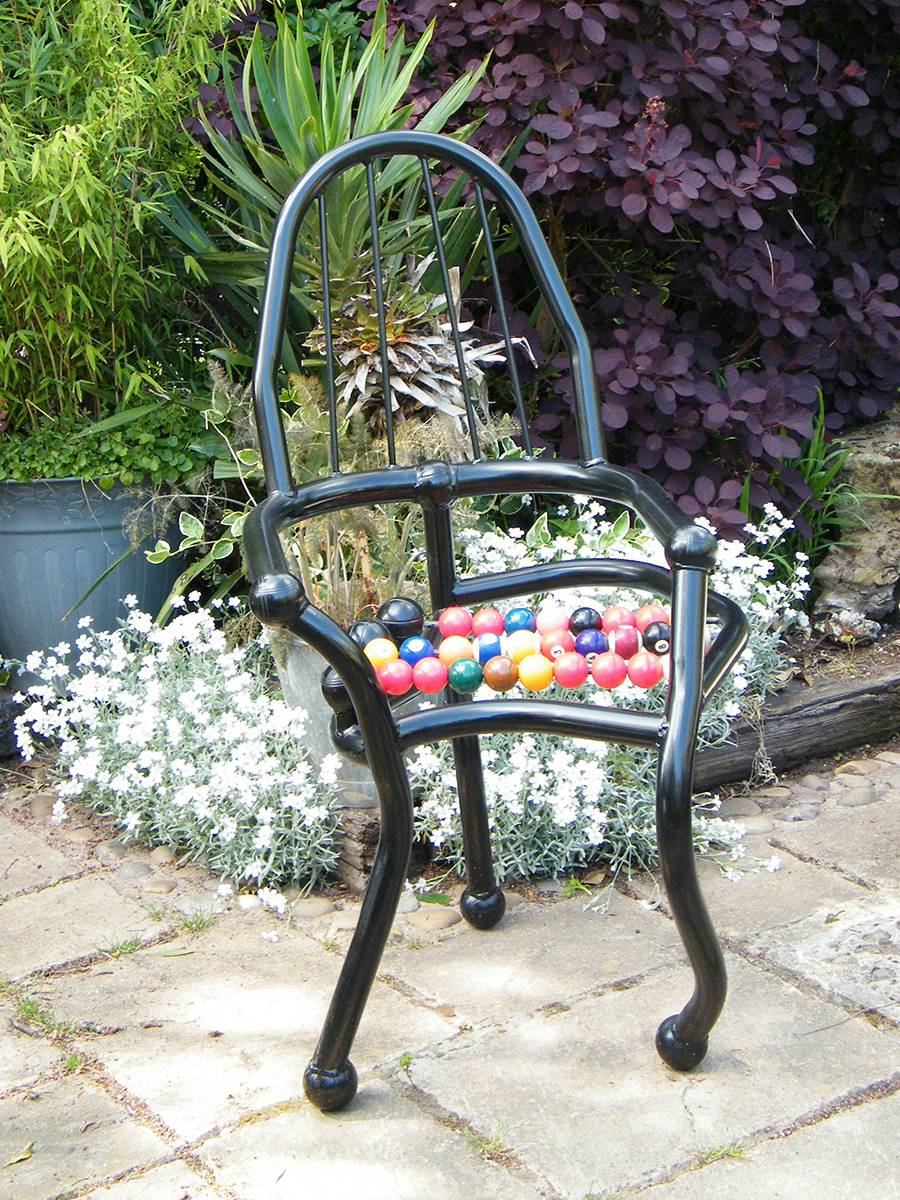 Champions Chair - created from roll-cage tubing, snooker and pool balls