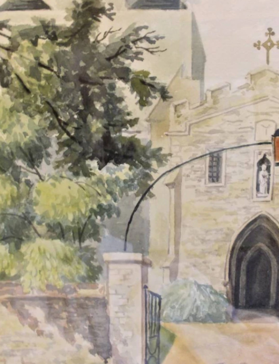 Detail of watercolour of St Mary chursh, Great Shelford by Kenneth Baldwin-Smith