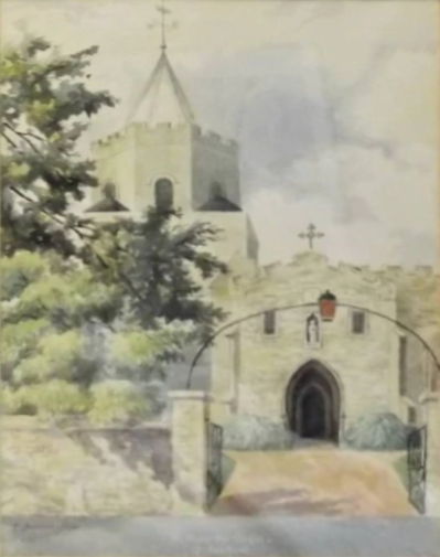 Watercolour St Mary chursh, Great Shelford by Kenneth Baldwin-Smith