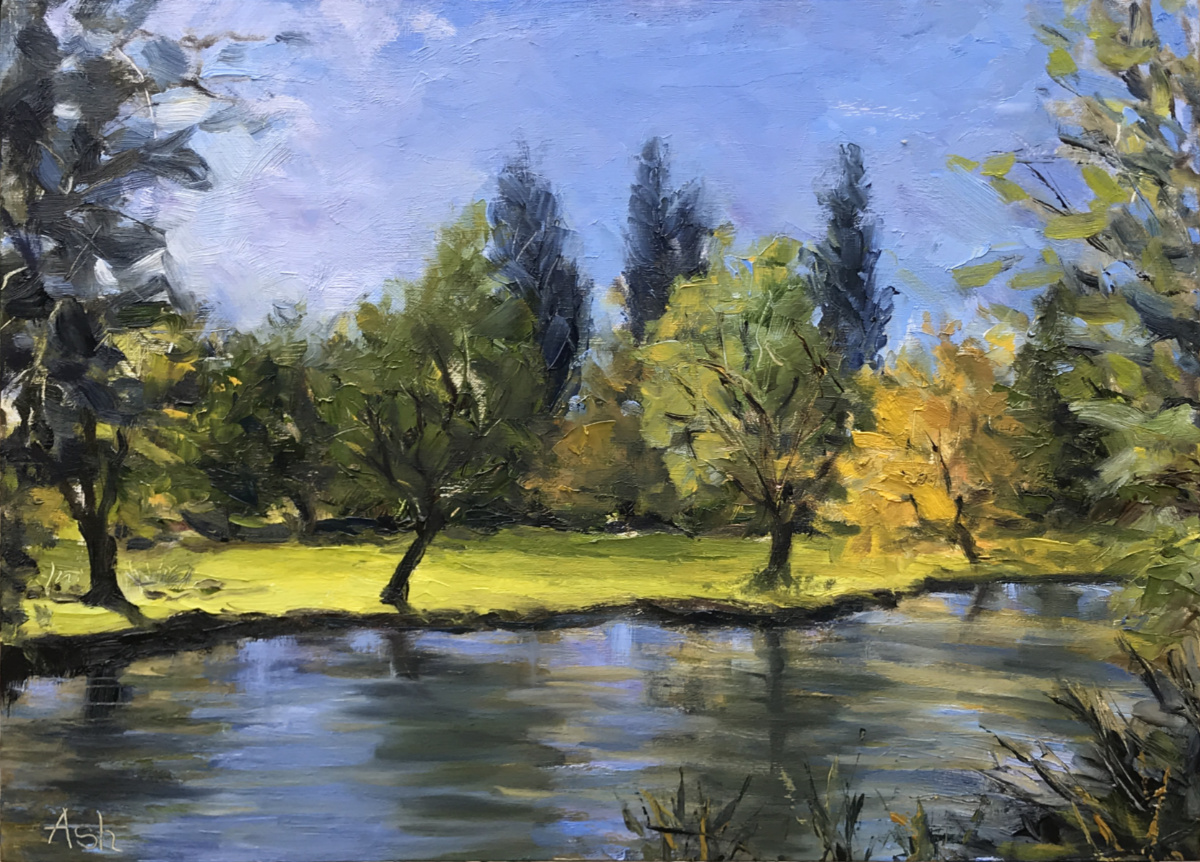 Oil painting, autumn morning along the River Cam