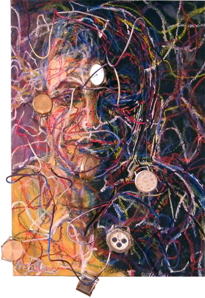 Self-portrait, mixedmedia, oil, oil pastel, wire and watches on MDF