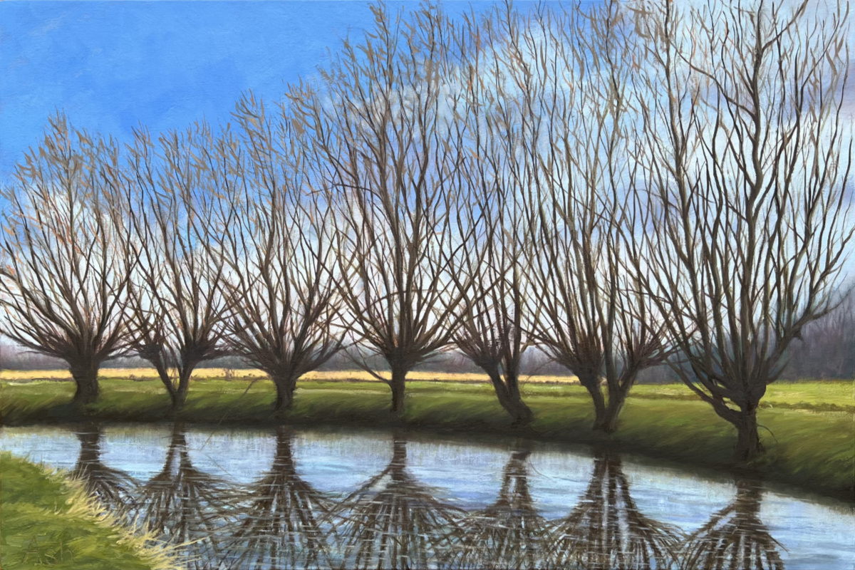 Grantchester Meadows, Winter Reflections landscape oil painting