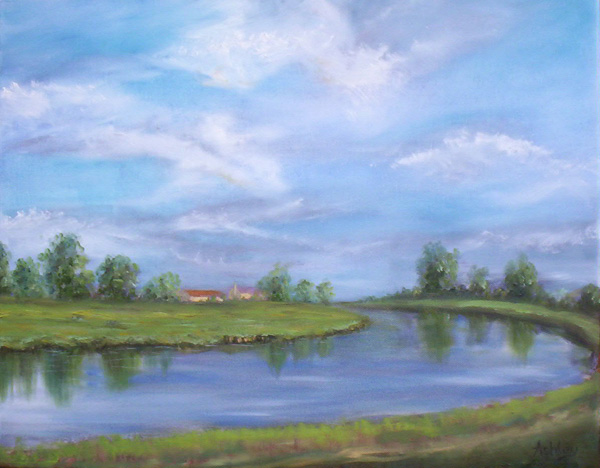 Original oil painting titled Ten Mile Bank Viewed from Brandon Creek